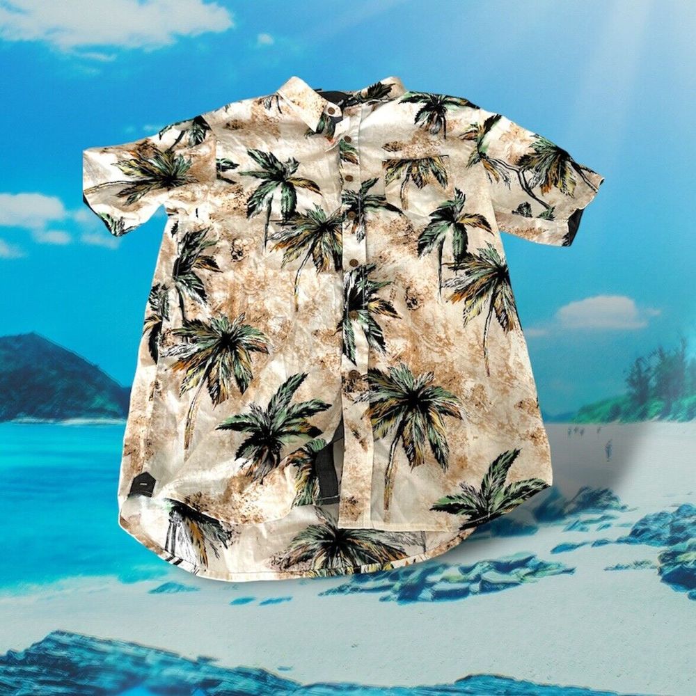 Ron Jon Surf Shop Mens Hawaiian Shirt Size Medium Tan Aloha Resort Palm Tree